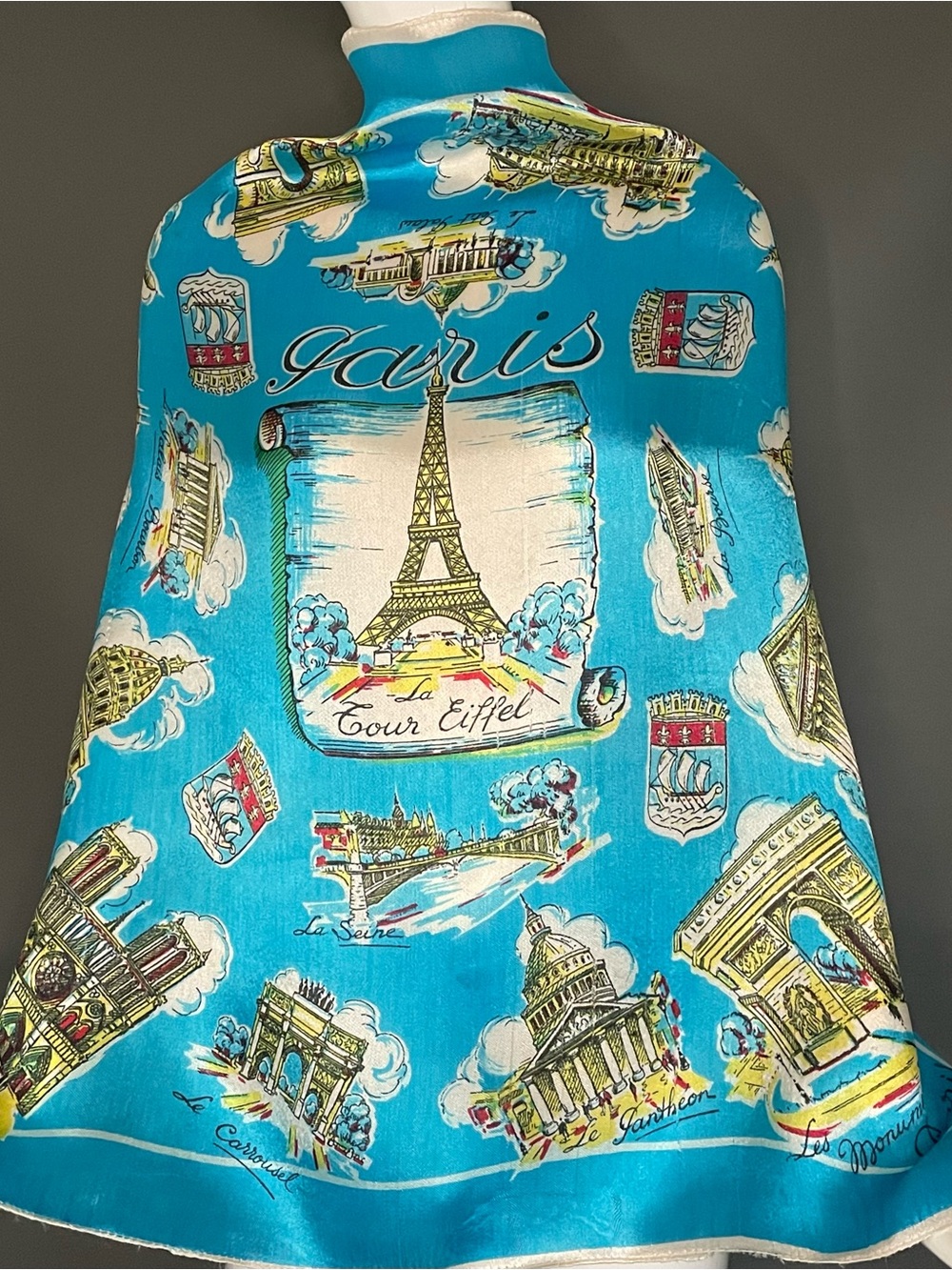 Vintage 60s Paris Theme Souvenir Scarf Fair to Good Condition 31 In Sq